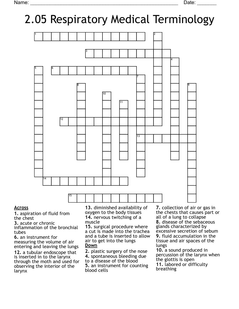 2.05 Respiratory Medical Terminology Crossword