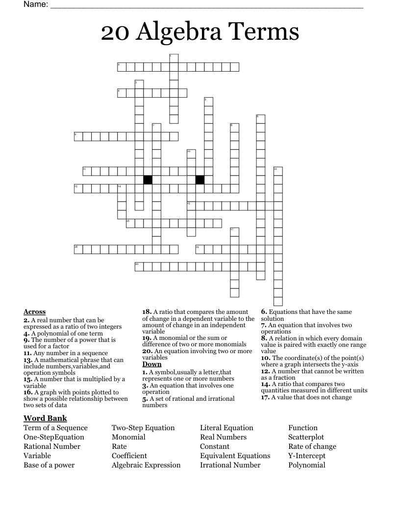 20 Algebra Terms Crossword