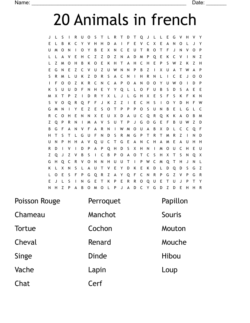20 Animals in french Word Search