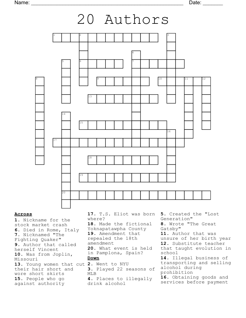 20 Authors Crossword