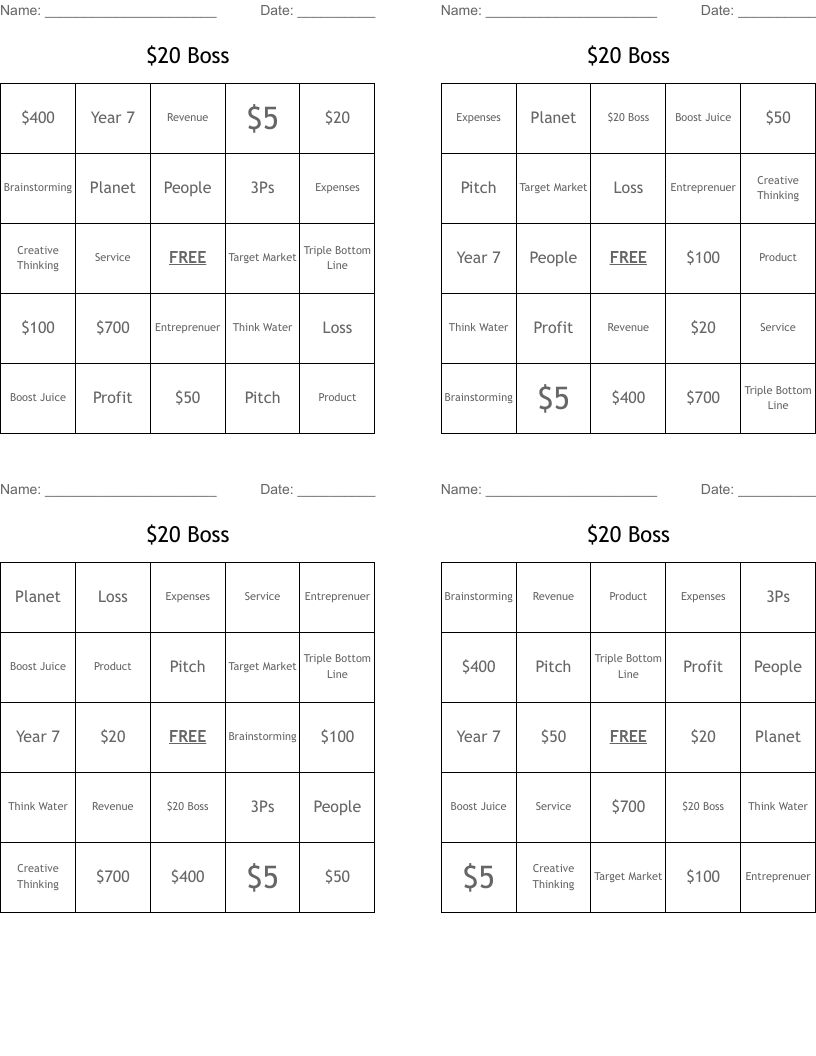 $20 Boss Bingo Cards