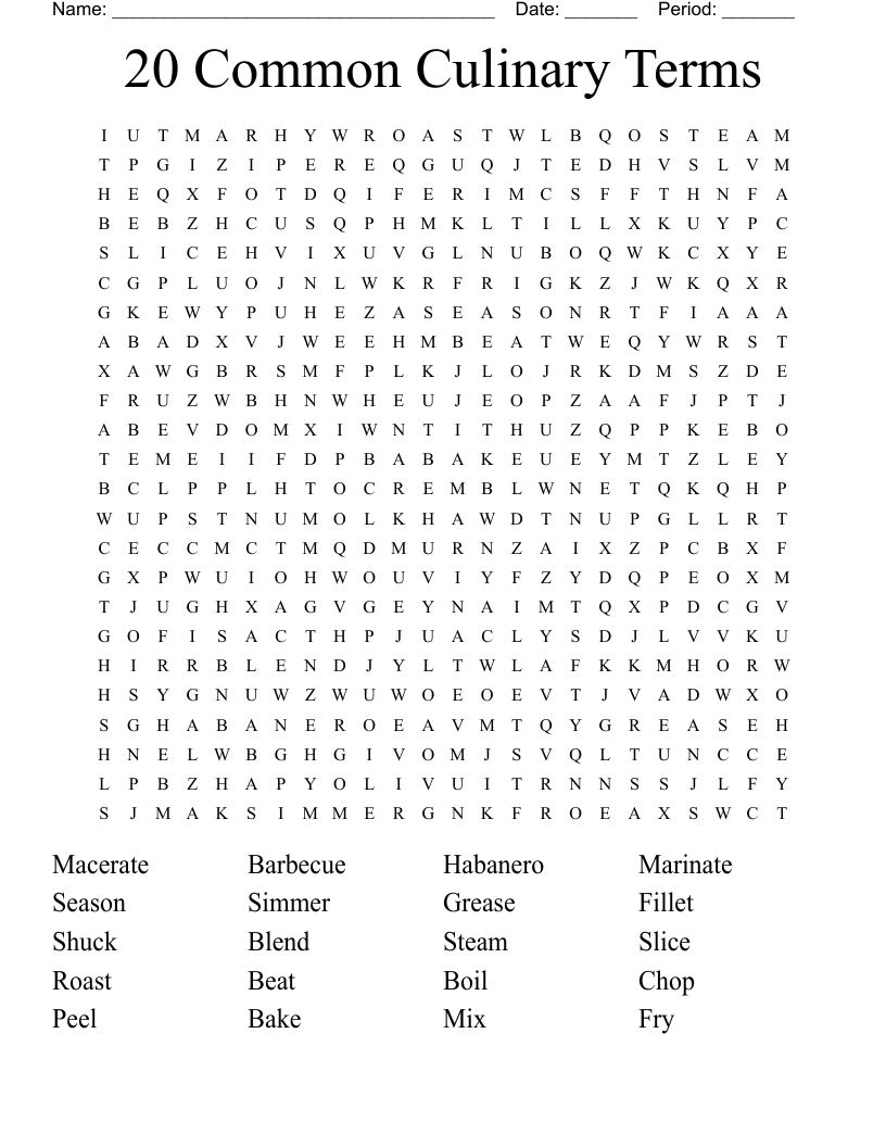 20 Common Culinary Terms Word Search