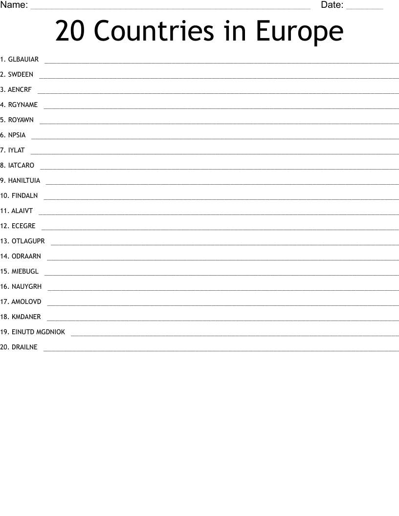 20 Countries in Europe Word Scramble