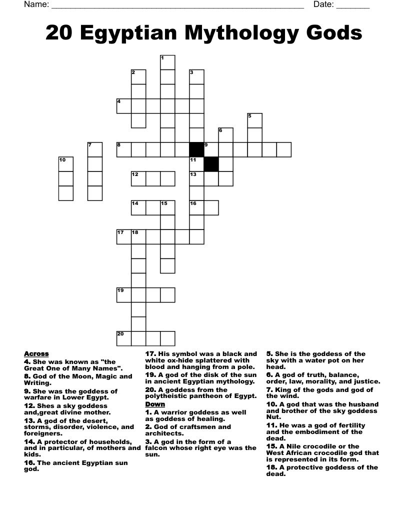 20 Egyptian  Mythology Gods Crossword