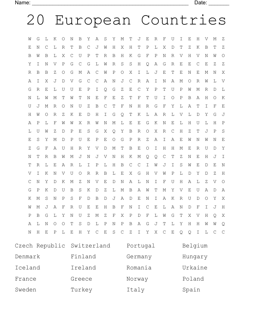 20 European Countries Word Search