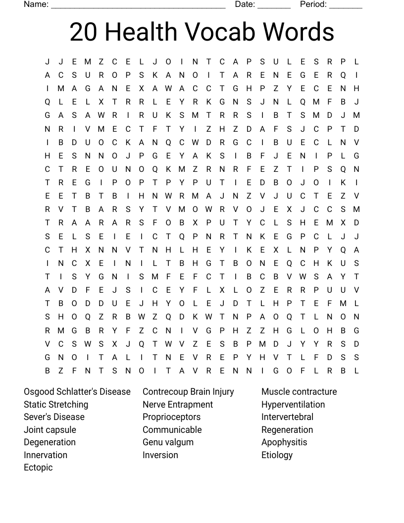 20 Health Vocab Words Word Search