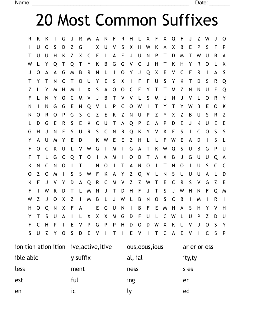 20 Most Common Suffixes Word Search
