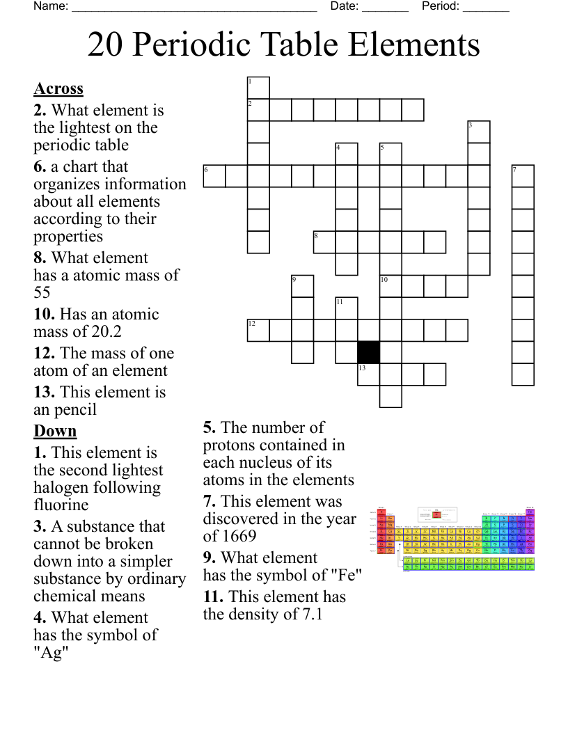 20 Periodic Table Elements Crossword