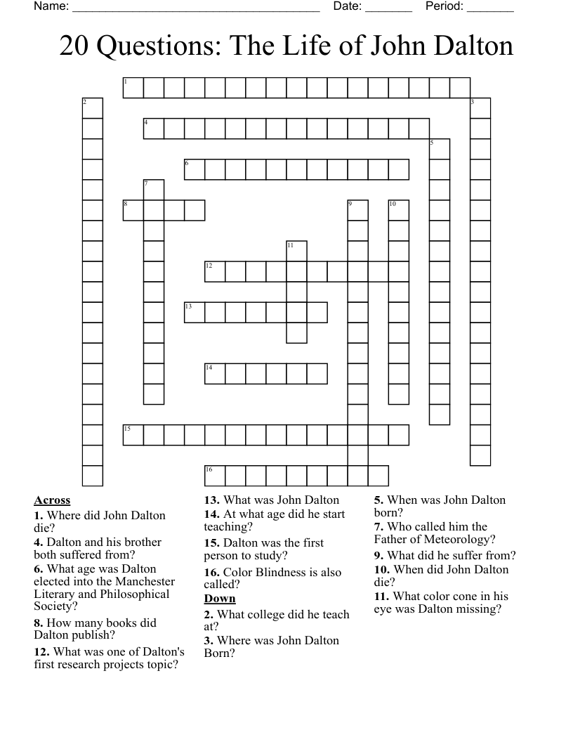 20 Questions: The Life of John Dalton Crossword