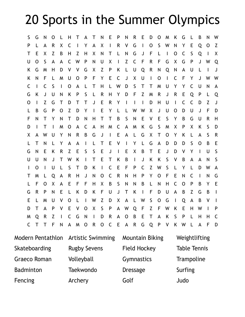 20 Sports in the Summer Olympics Word Search