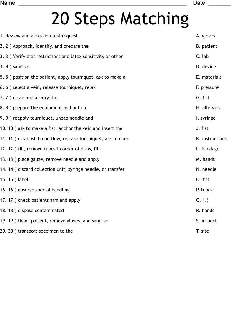 20 Steps Matching Worksheet
