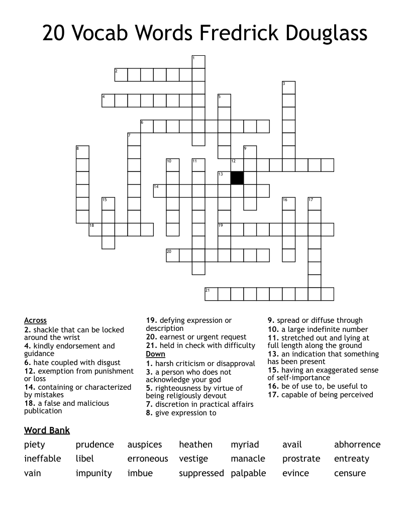 20 Vocab Words Fredrick Douglass Crossword