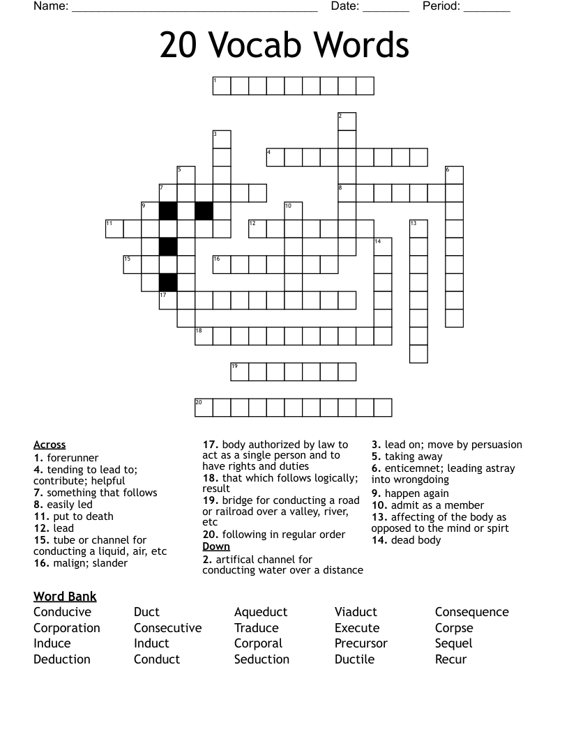 20 Vocab Words  Crossword