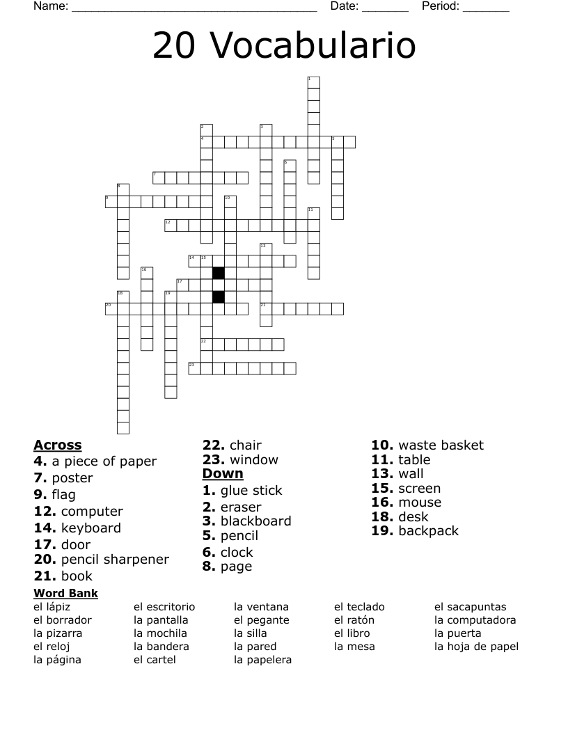 20 Vocabulario Crossword