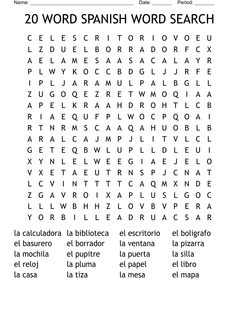 20 WORD SPANISH WORD SEARCH