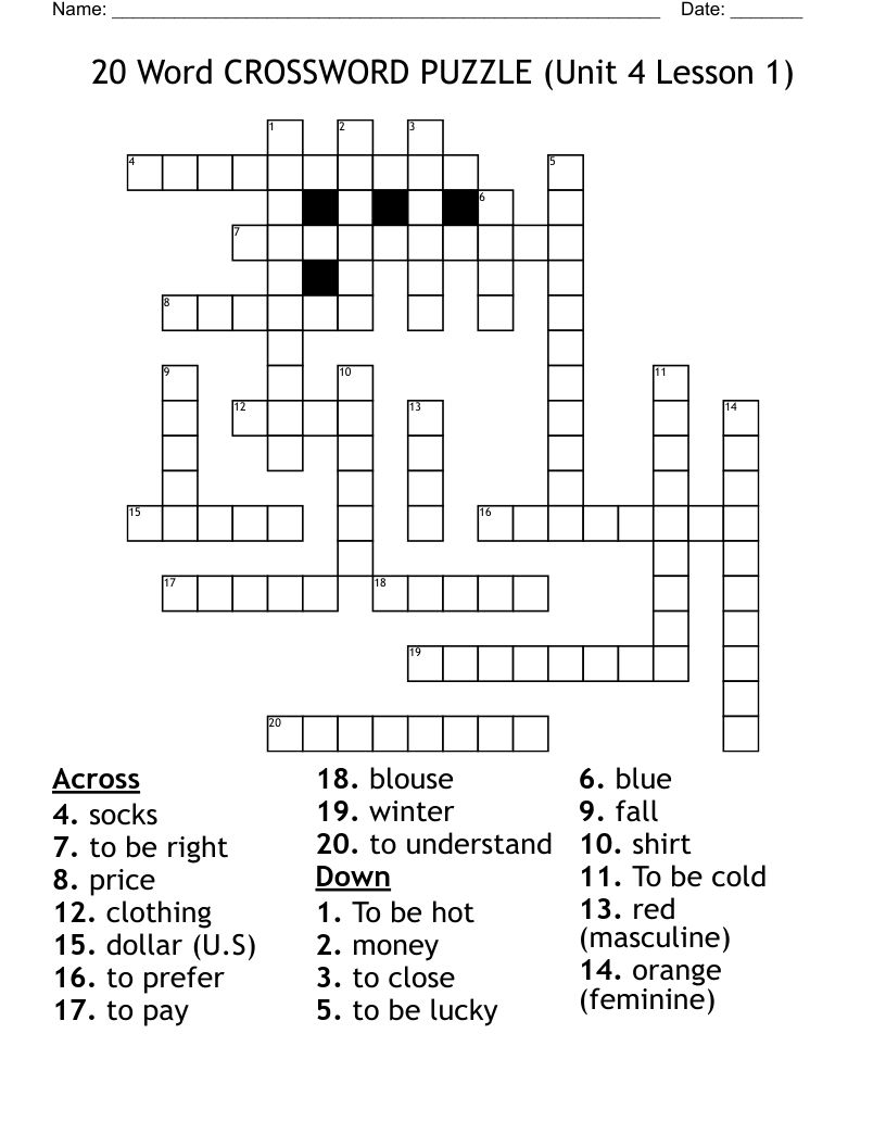 20 Word CROSSWORD PUZZLE (Unit 4 Lesson 1)