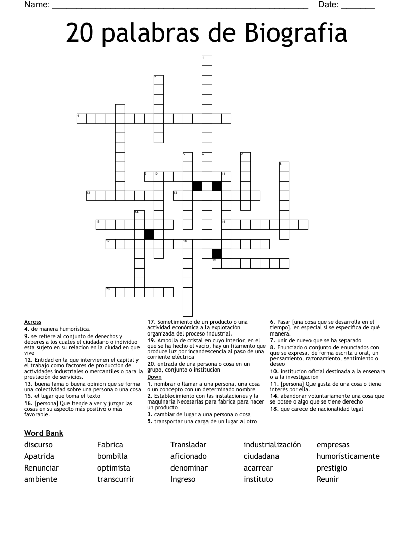 20 palabras de Biografia  Crossword