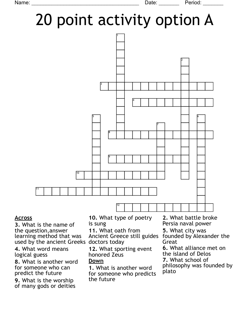 20 point activity option A  Crossword