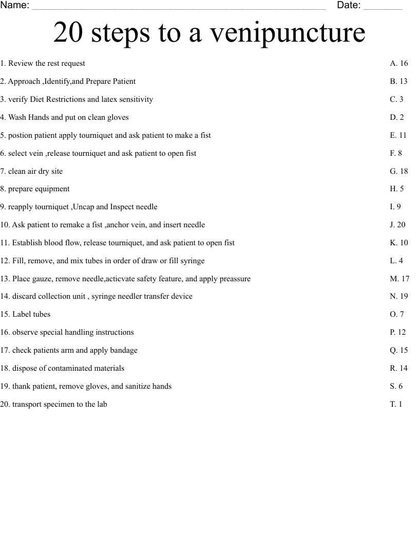 20 steps to a venipuncture Worksheet