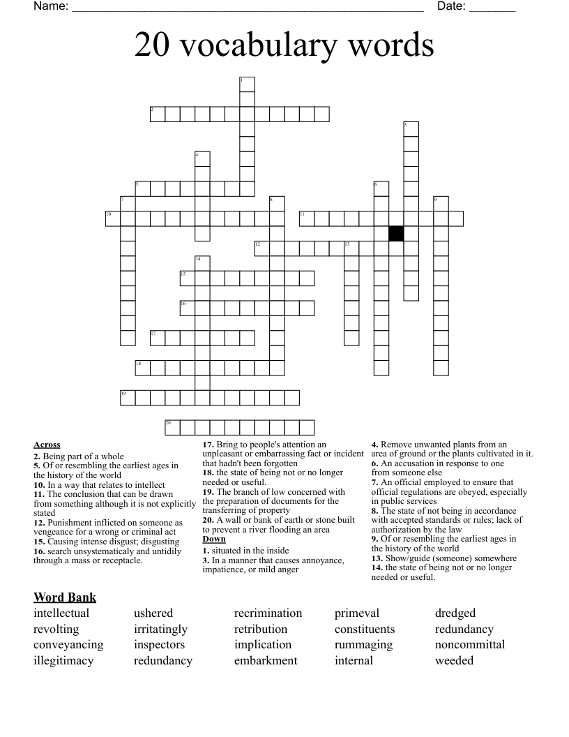 20 vocabulary words Crossword