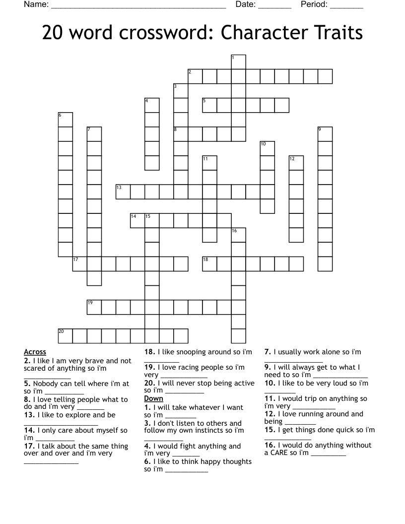 20 word crossword: Character Traits