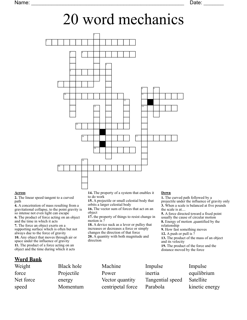 20 word mechanics Crossword