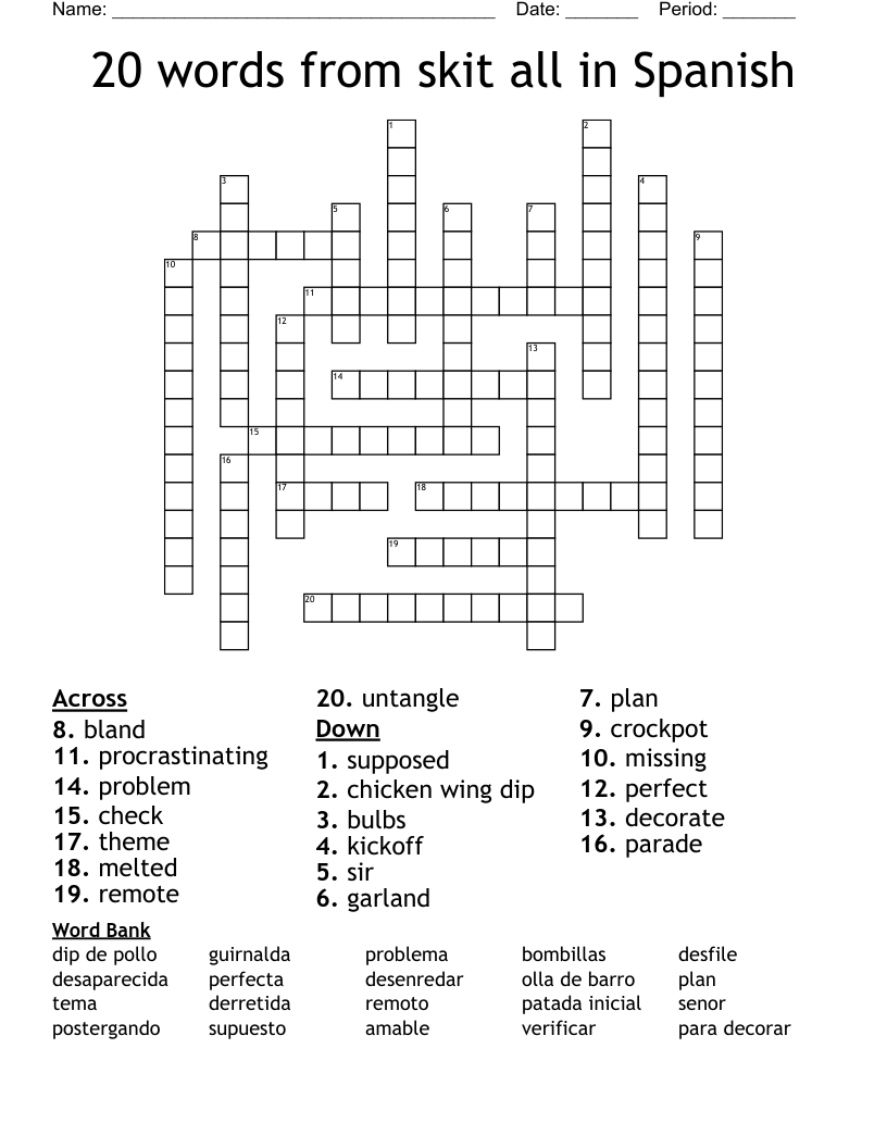 20 words from skit all in Spanish Crossword