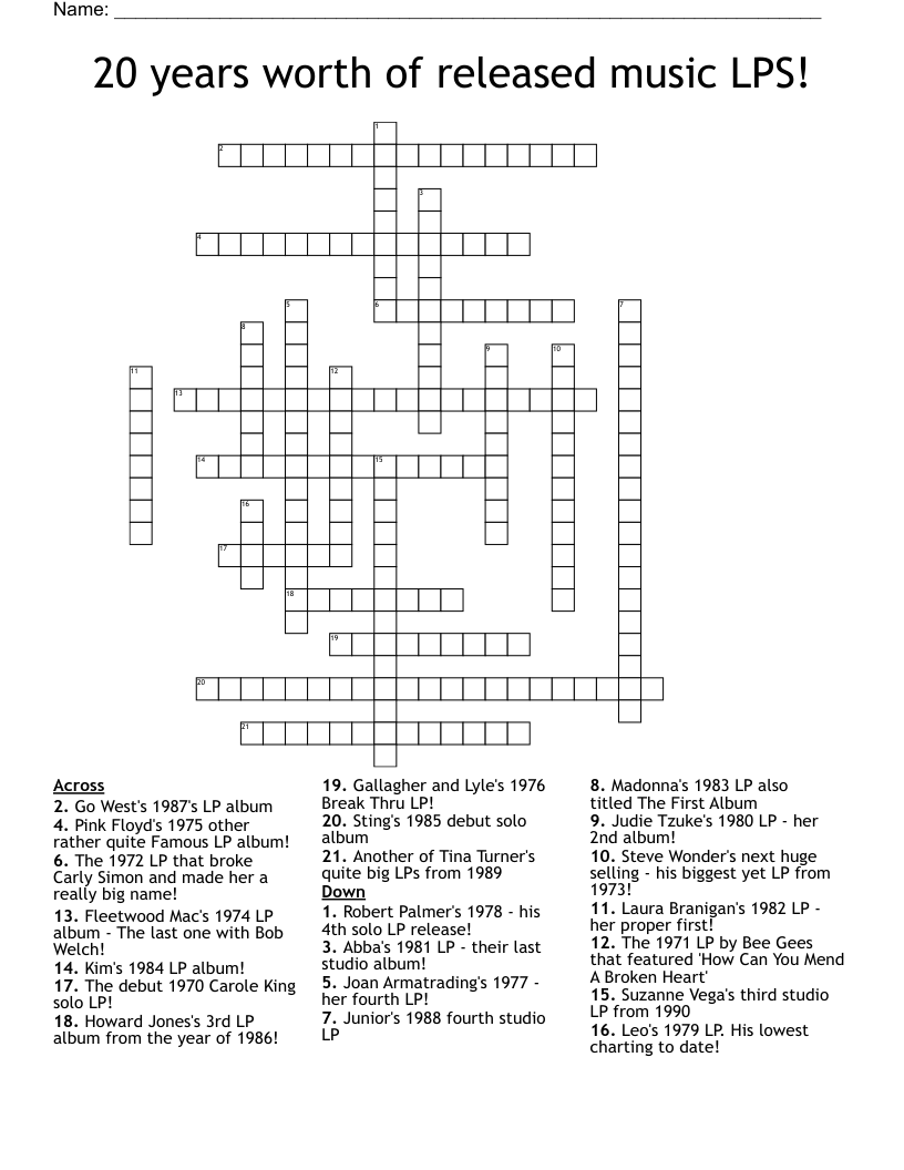 20 years worth of released music LPS! Crossword