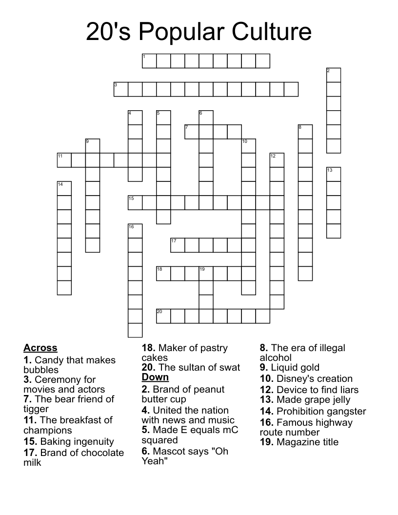 20's Popular Culture Crossword
