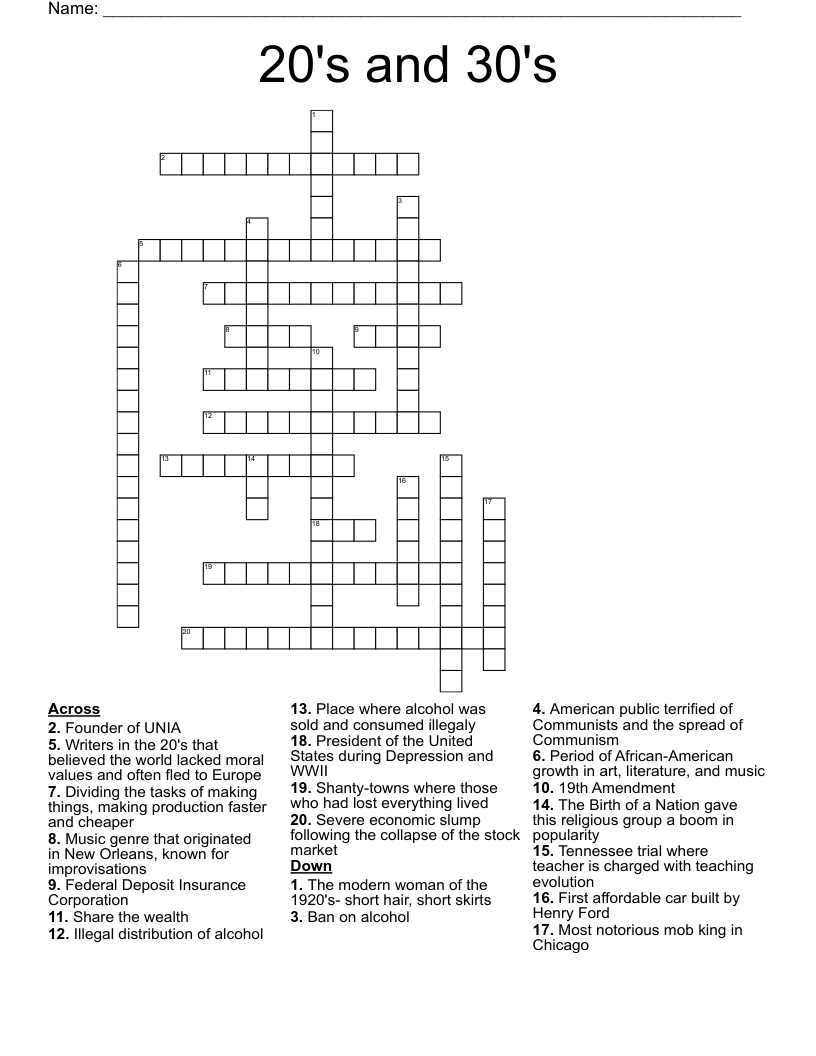 20's and 30's Crossword