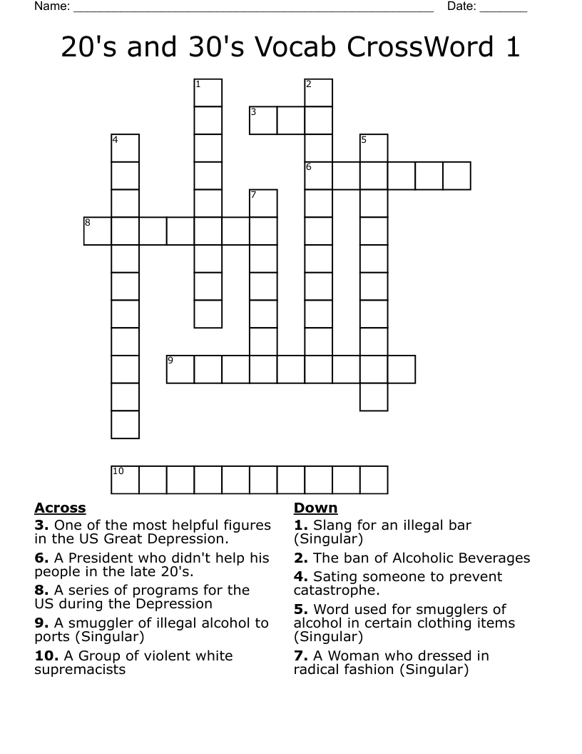 20's and 30's Vocab CrossWord 1