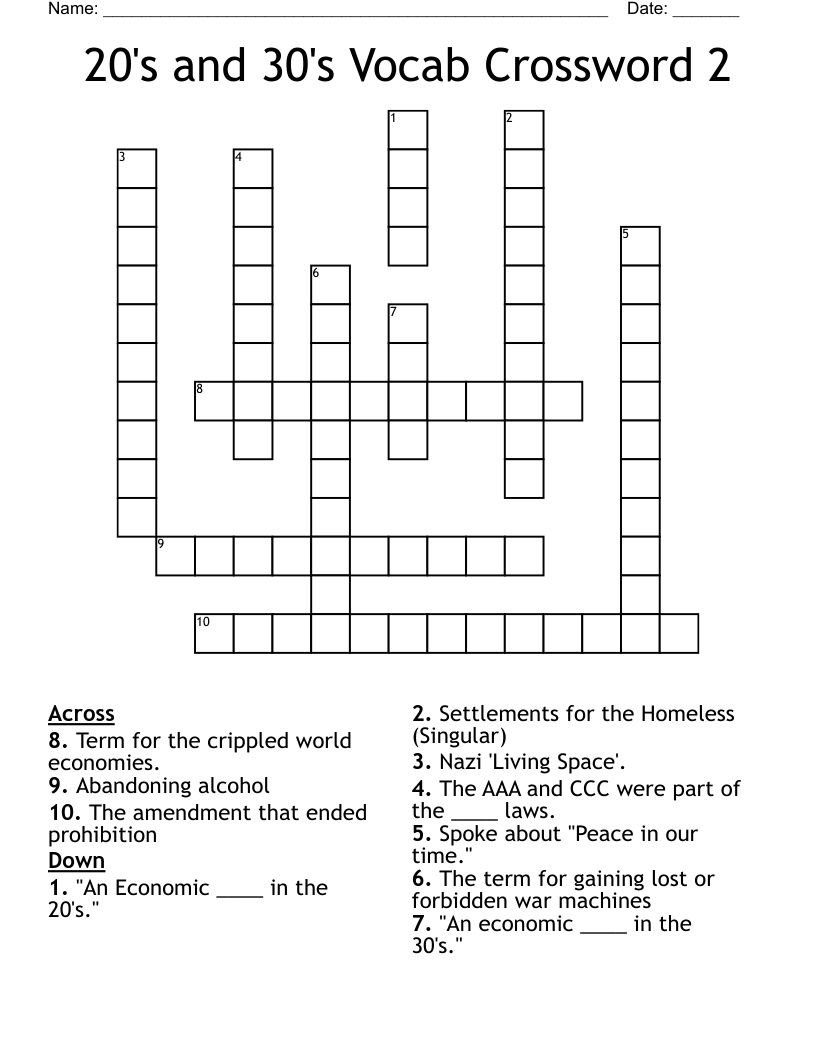 20's and 30's Vocab Crossword 2