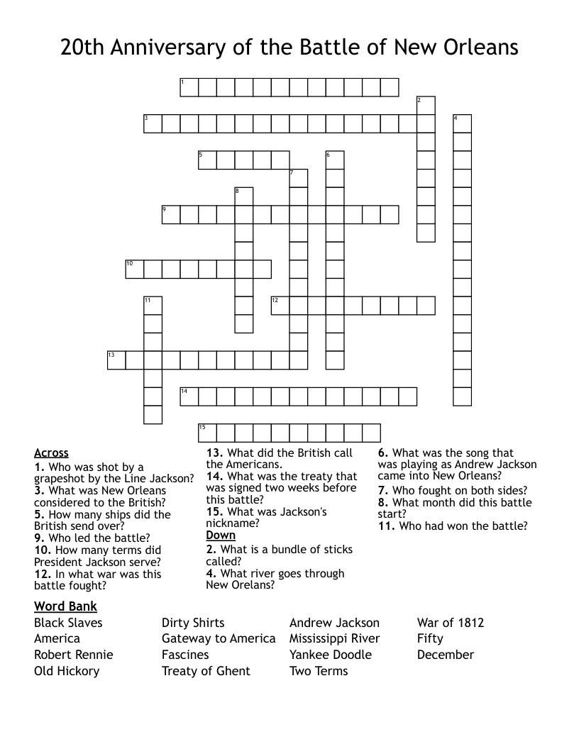 20th Anniversary of the Battle of New Orleans Crossword