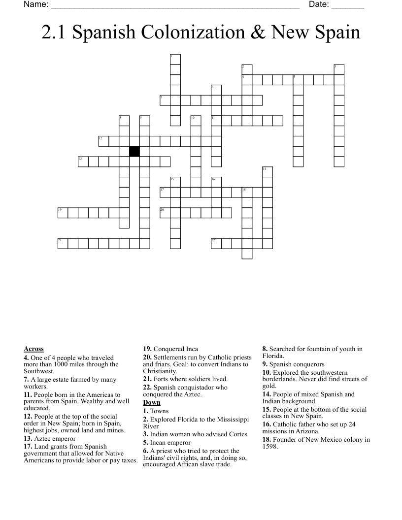 2.1 Spanish Colonization & New Spain Crossword