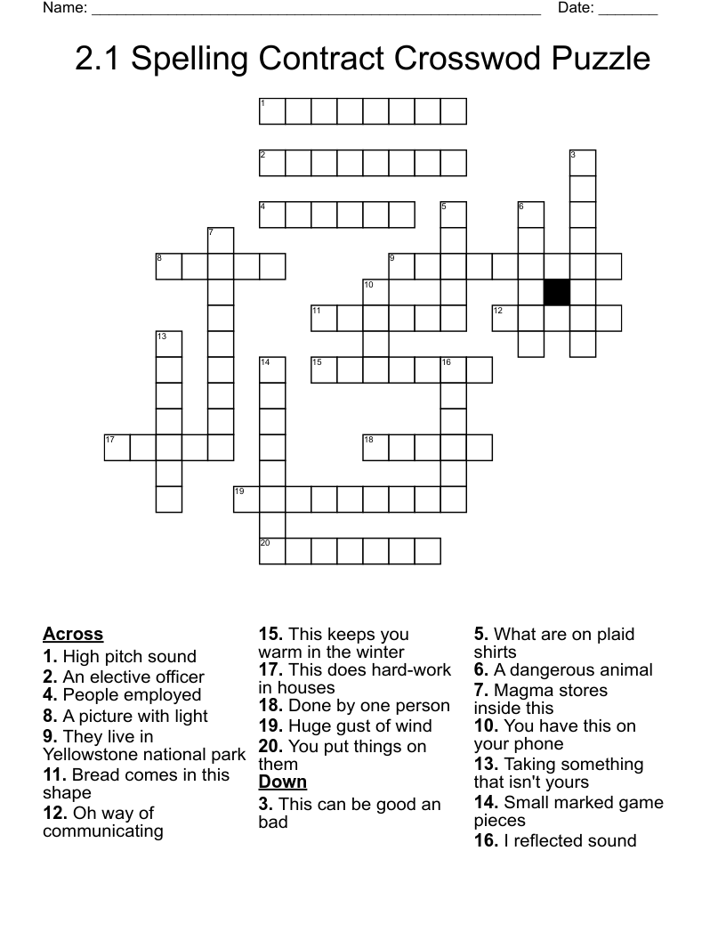 2.1 Spelling Contract Crosswod Puzzle Crossword