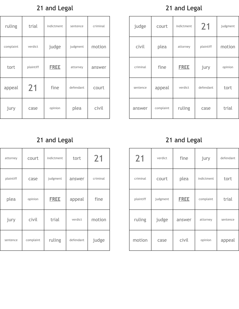 21 and Legal Bingo Cards
