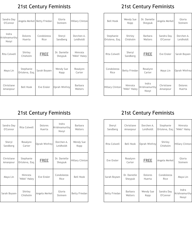 21st Century Feminists Bingo Cards