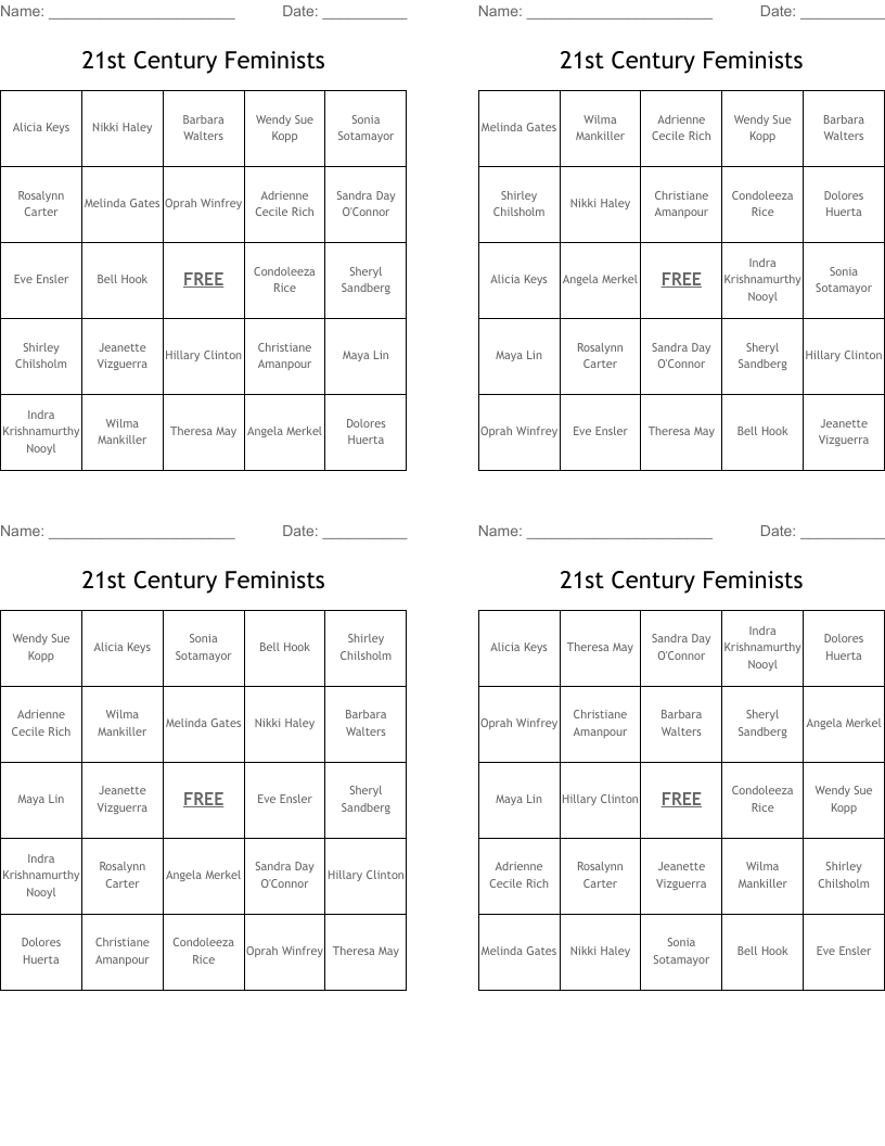 21st Century Feminists Bingo Cards