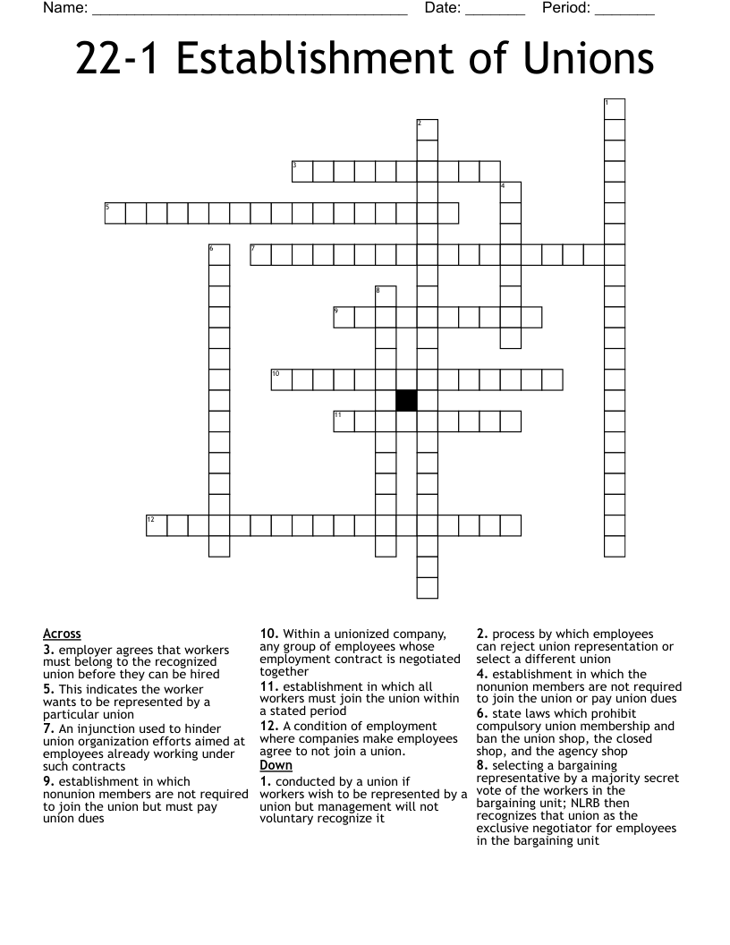 22-1 Establishment of Unions Crossword