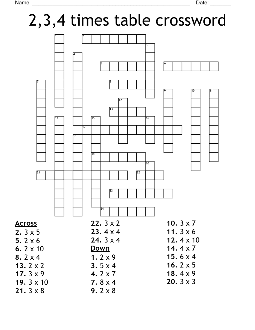 2,3,4 times table crossword 