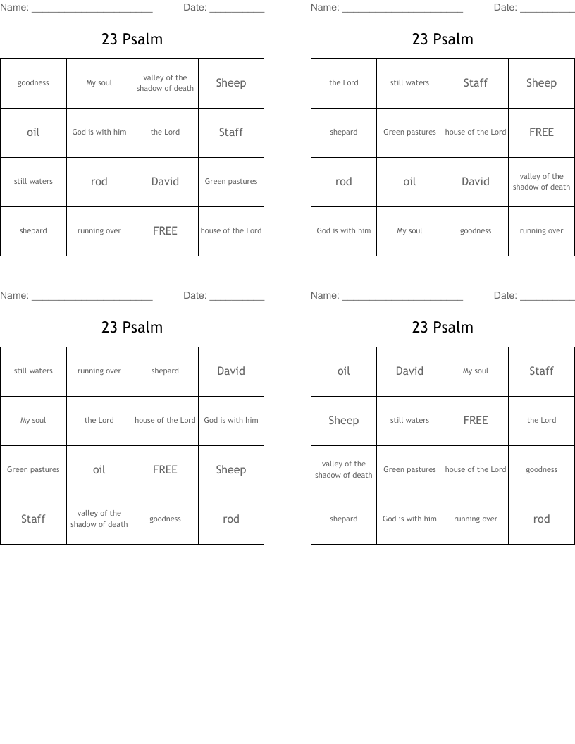23 Psalm Bingo Cards