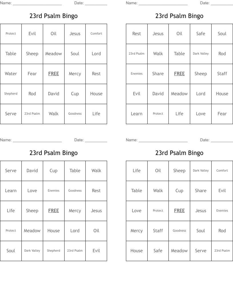 23rd Psalm Bingo