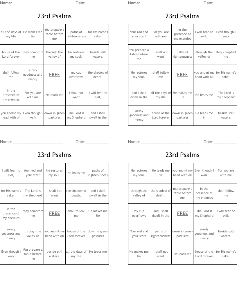 23rd Psalms Bingo Cards