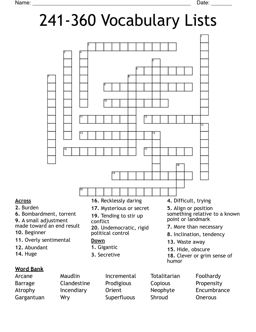 241-360 Vocabulary Lists  Crossword