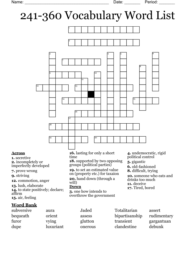 241-360 Vocabulary Word List Crossword