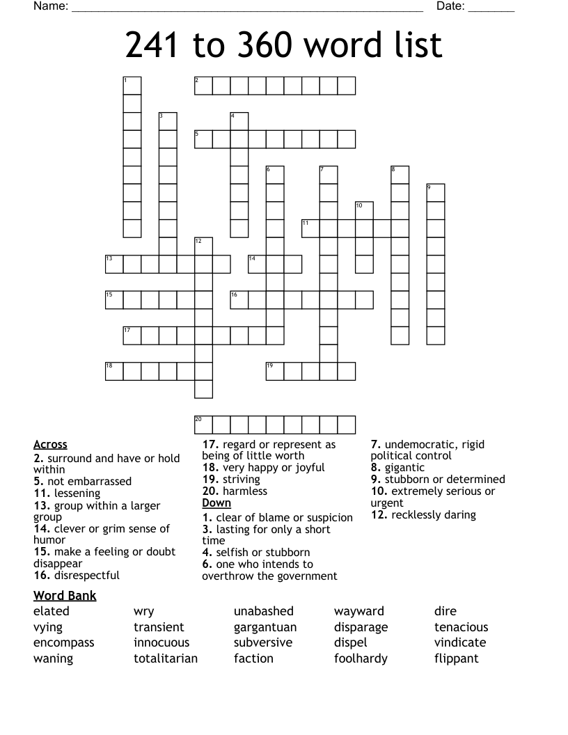 241  to 360 word list Crossword