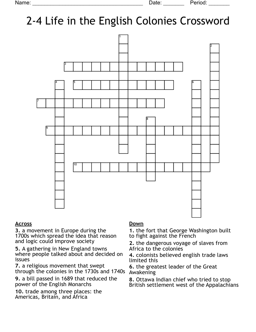 2-4 Life in the English Colonies Crossword