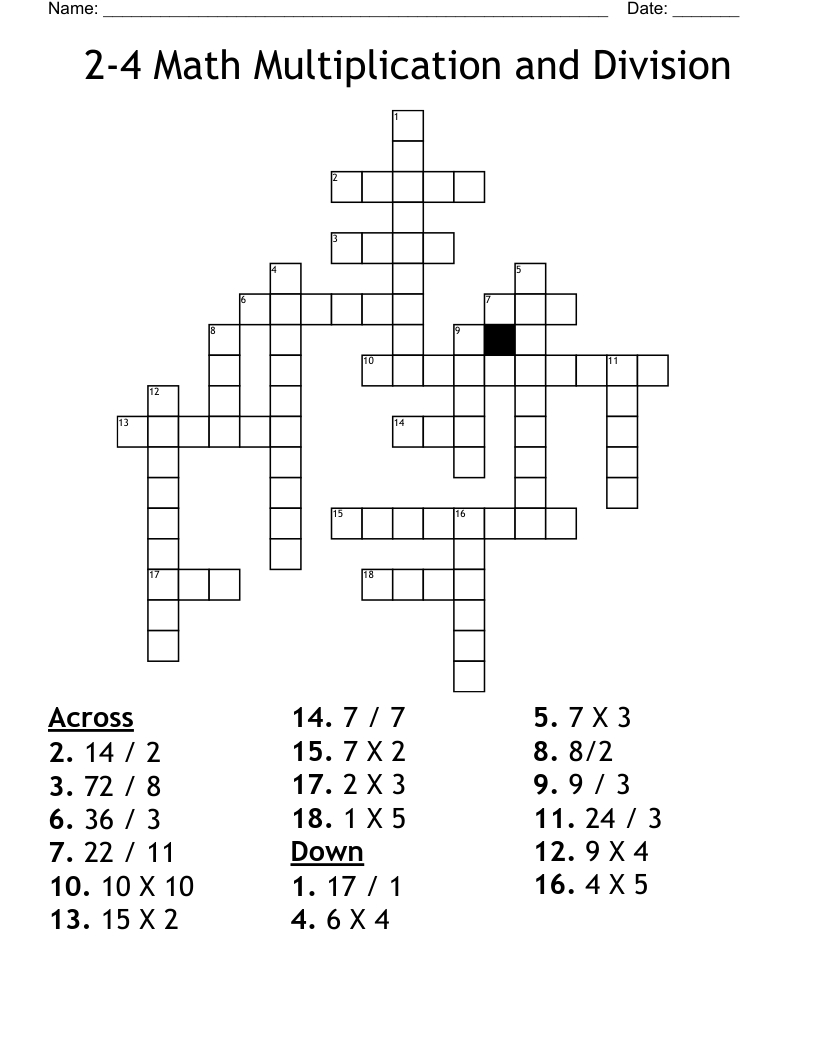 2-4 Math Multiplication and Division Crossword
