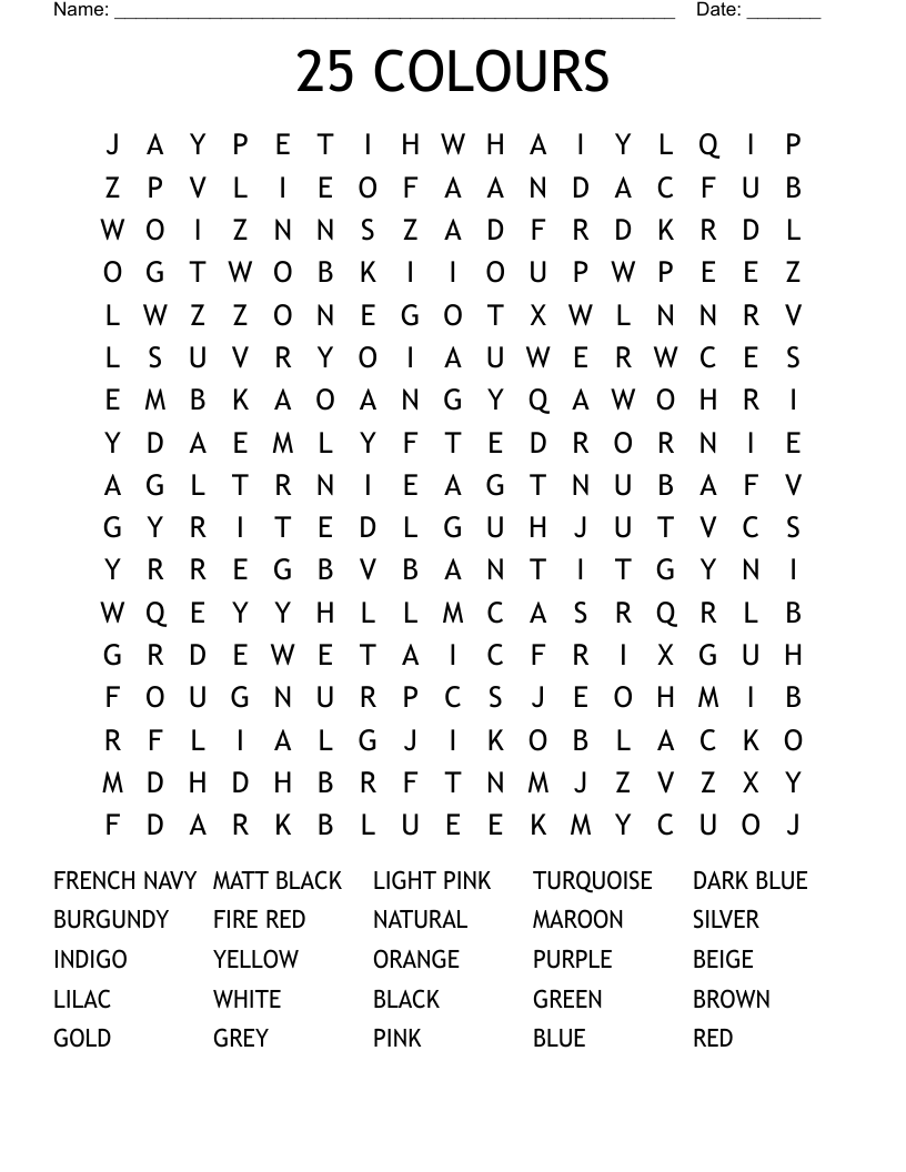 25 COLOURS Word Search