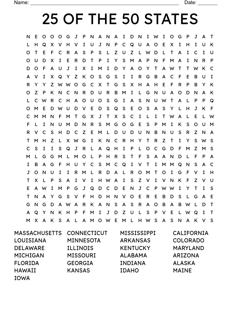 25 OF THE 50 STATES Word Search